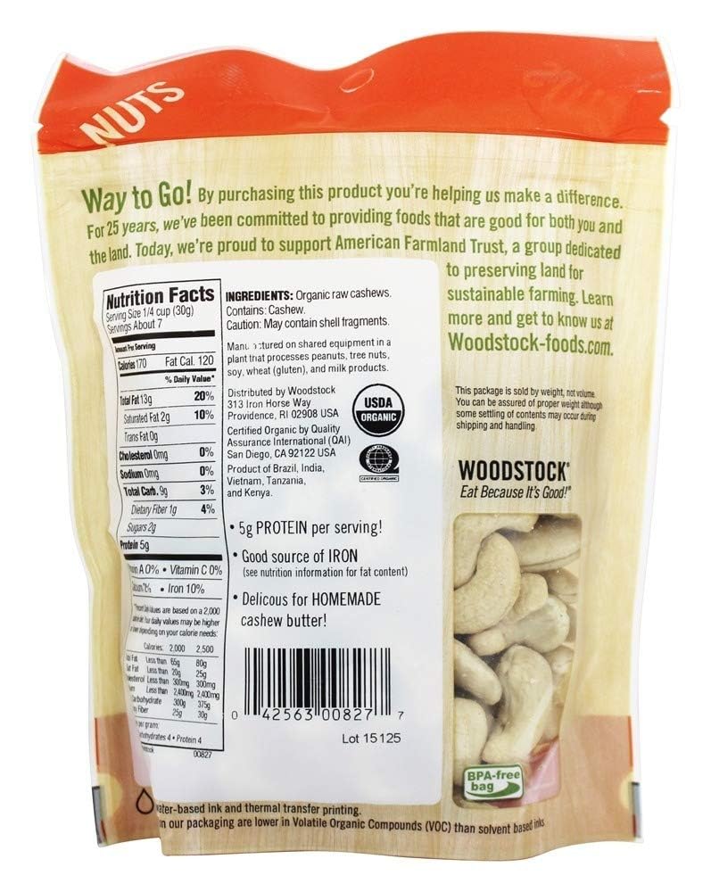 100% Organic Whole Cashews; Raw