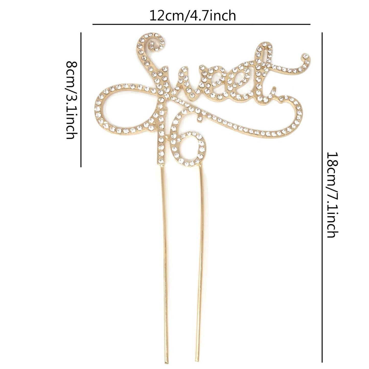 Honbay Sweet 16 Cake Topper, Premium Sparkly Crystal Rhinestones Decoration, Gold