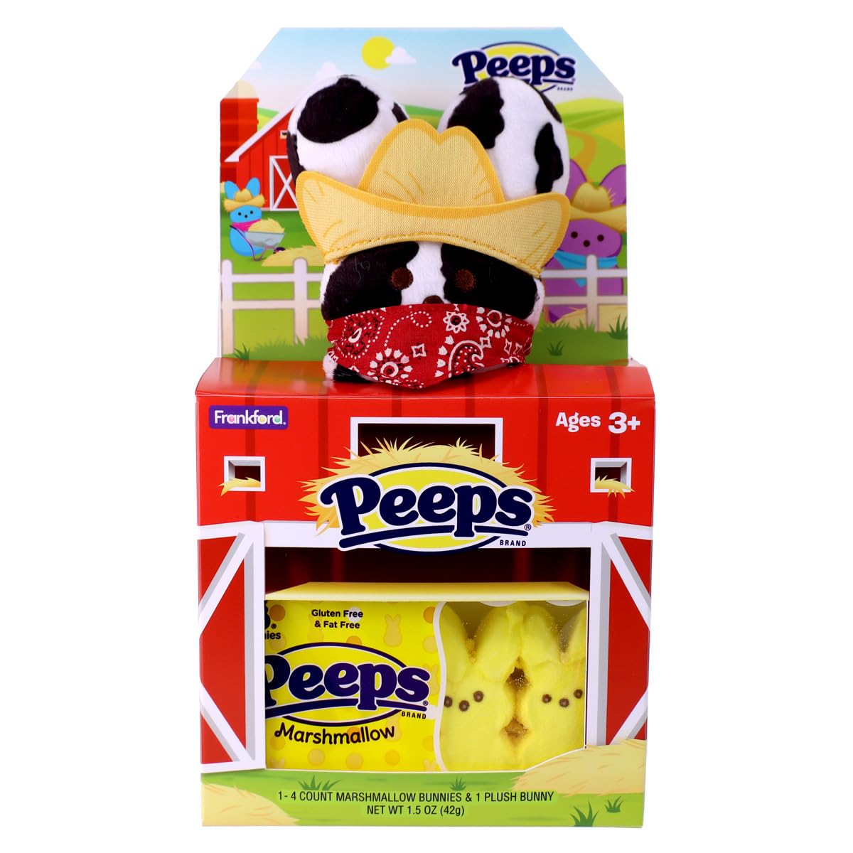 PEEPS Plush Bunny Farm House Gift Set with 4ct PEEPS Yellow Marshmallow Candies and Plush Toy, 1.4oz, Easter Gifts and Basket St