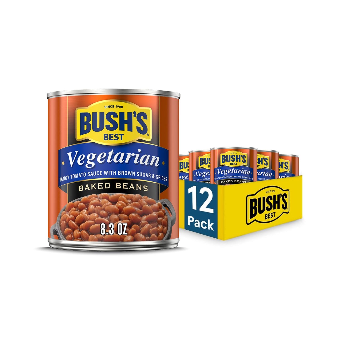 BUSH S BEST 8.3 oz Canned Vegetarian Baked Beans, Source of Plant Based Protein and Fiber, Low Fat, Gluten Free, (Pack of 12)