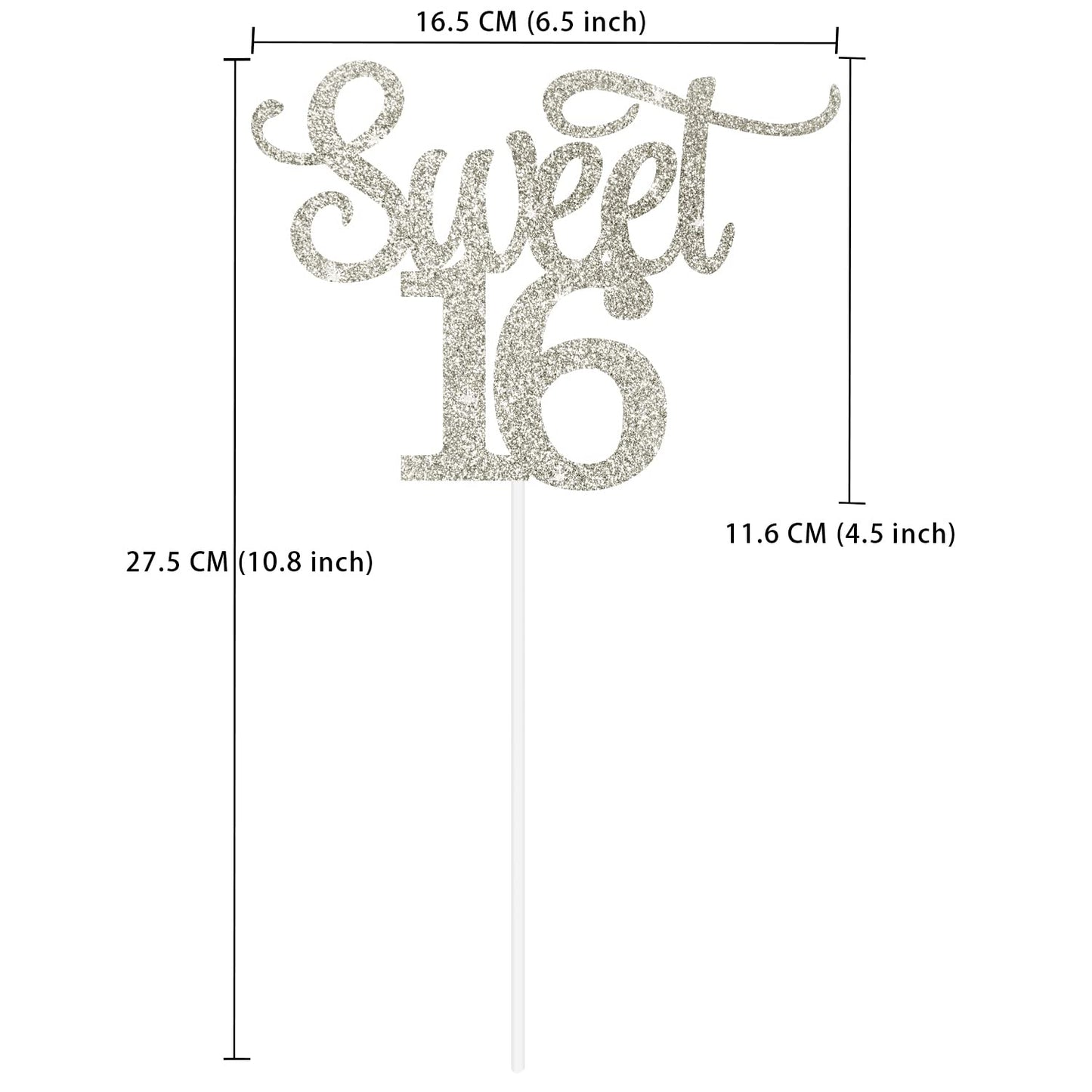 Gexolenu Silver Glitter Double-sided Happy Sweet 16 Cake Topper, Birthday Party Supplies