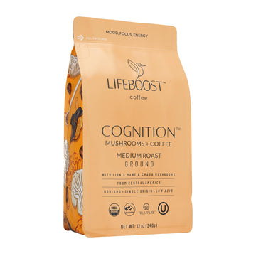 Lifeboost Cognition Adaptogenic Mushroom Coffee - Lions Mane & Chaga Nootropic Coffee - Great Tasting Medium Organic Coffee - Increase Energy, Boost Focus & Immune Support - 12 Oz Bag - Ground