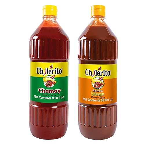 Bundle EL CHILERITO Sauce Chamoy Flavor 1L/ 33.8 Fl. Oz + Sauce Chamoy Mango Flavor - Mexican Foods - For Garnishing Fruits And