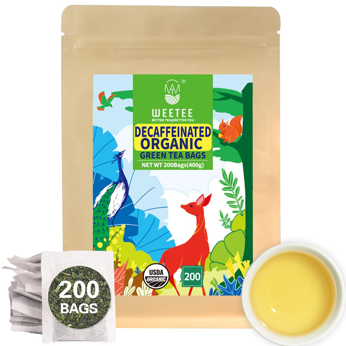 Wt Weetee Organic Decaf Green Tea Bags, Organic Green Tea 200 Count | Co2-Decaffeinated | Super Antioxidant | Resealable Kraft Bag