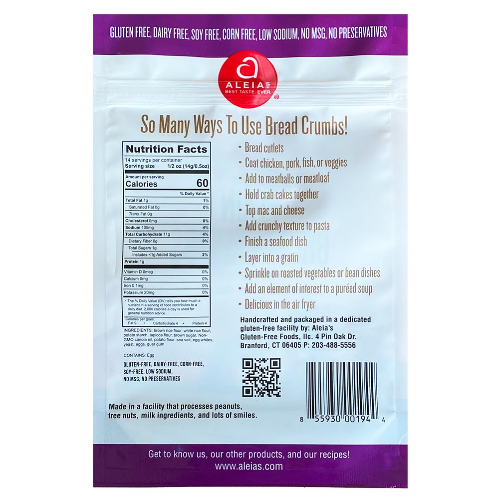 Aleias Best. Taste. Ever. Plain Bread Crumbs - 7 Oz / 1 Pack - Authentic Taste, Breading For Gluten Free Recipes, Certified Glut
