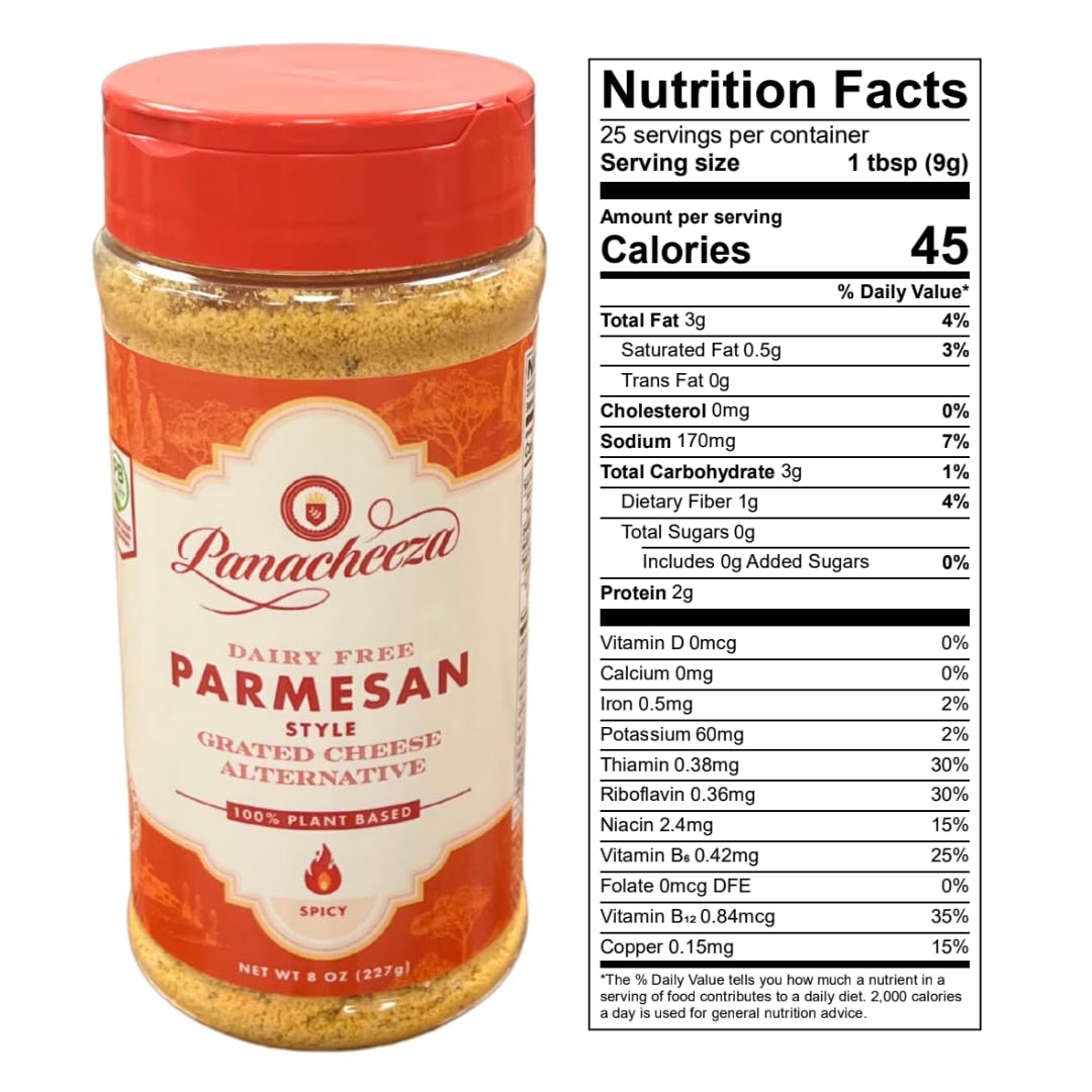 Panacheeza Hot & Spicy Vegan Grated Parmesan Style, 8oz, Bold Flavor for Pastas, Pizzas, and Salads