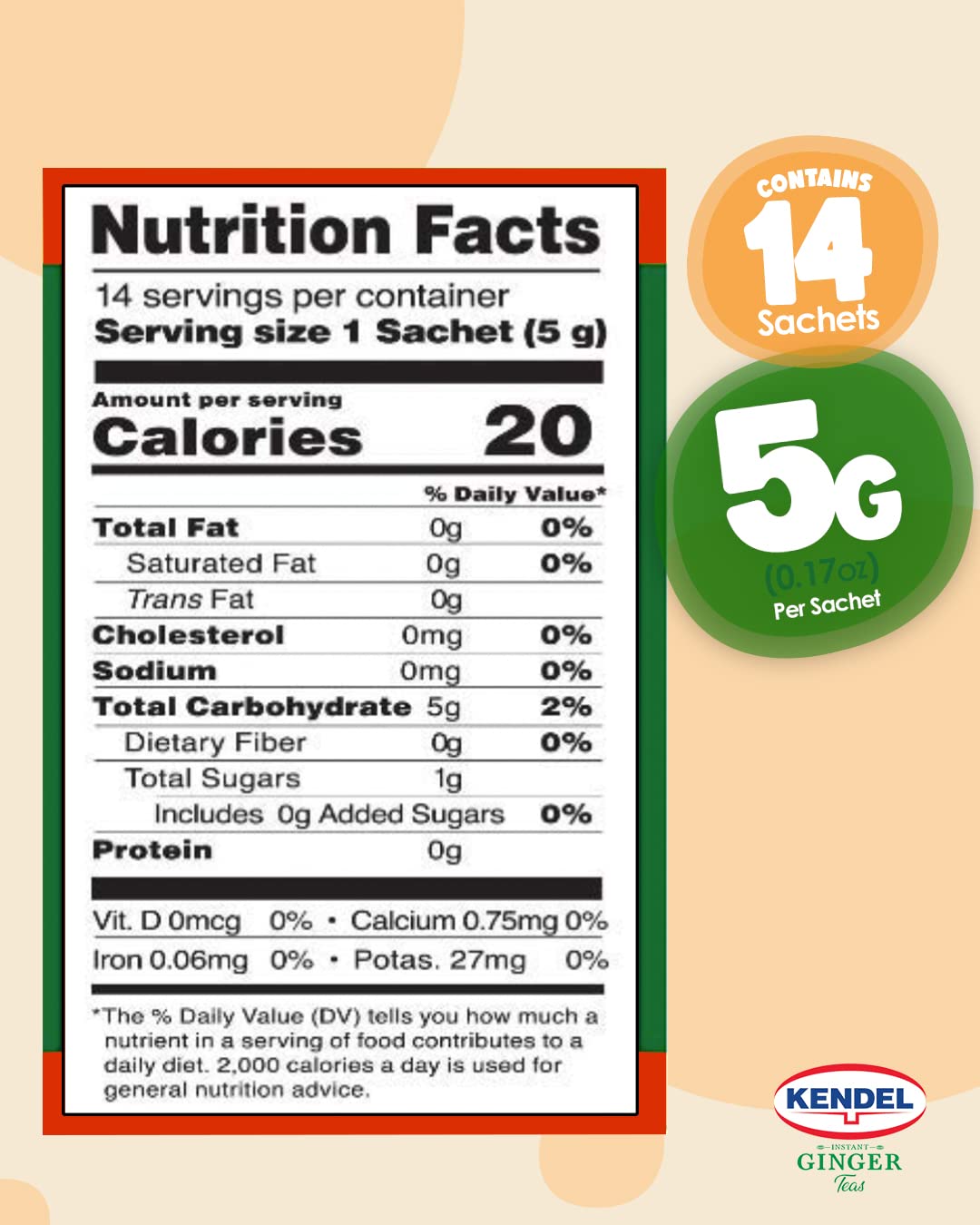 Kendel Instant Ginger Herbal Tea, Caffeine Free, Unsweetened, 14 Packets, Made from Real Ginger Powder
