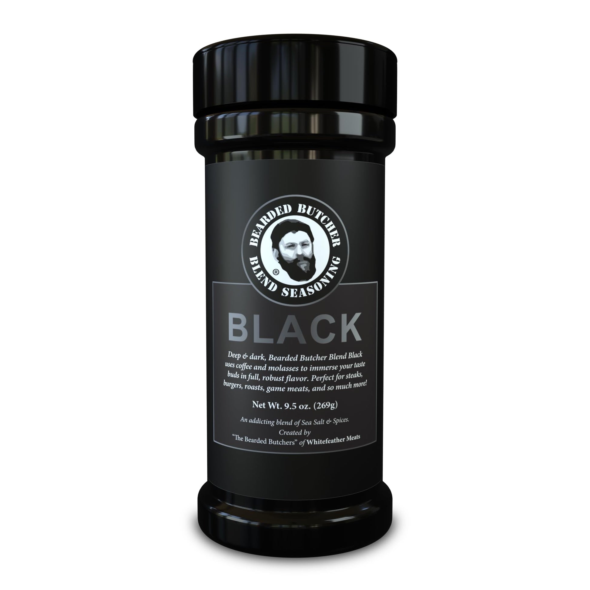 Bearded Butchers Black Blend Seasoning, 9.5 oz Large Shaker - Coffee & Molasses Flavor for Steaks, Brisket, Burgers, Roasts, Gam