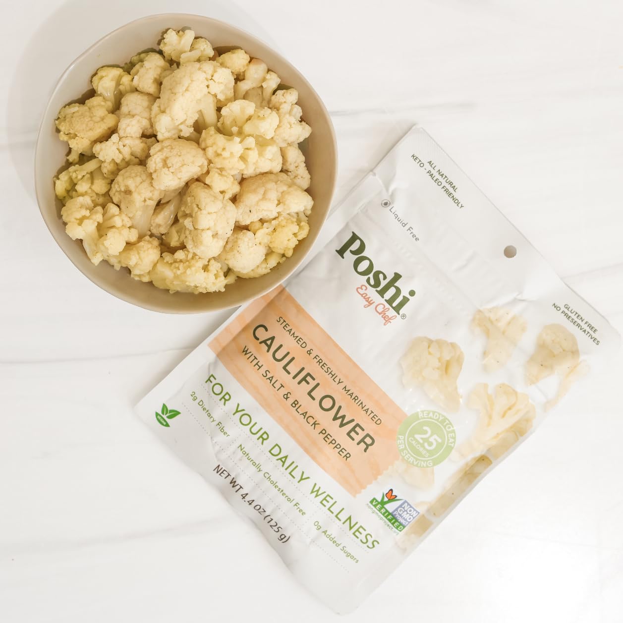 Poshi Marinated Cauliflower Florets | With Salt + Black Pepper | All Natural, Keto, Vegan, Paleo, Non Gmo, Low Carb + Calorie, G