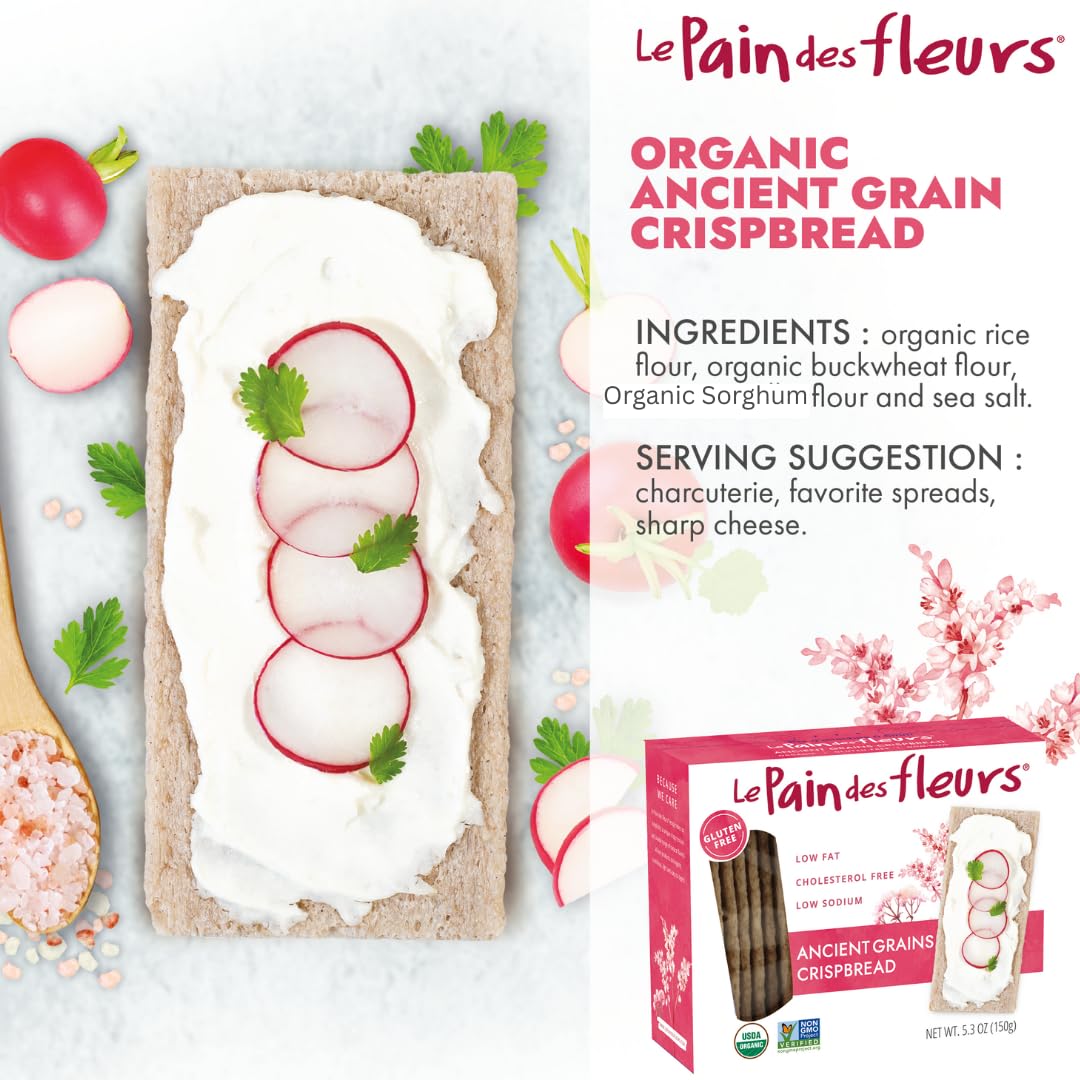 Le Pain des Fleurs Organic Ancient Grain Crispbread, Low Sodium, Vegan, Gluten Free, 4.4 oz (Pack of 6)