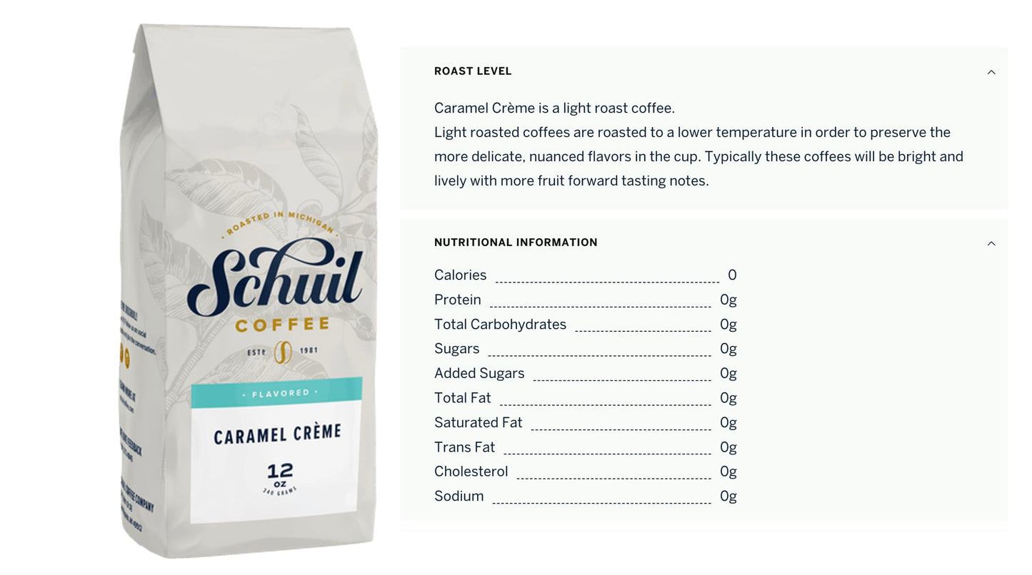 SCHUIL Caramel Creme Whole Bean Coffee, Fair Trade, Light Roast, 12 Ounce Bag