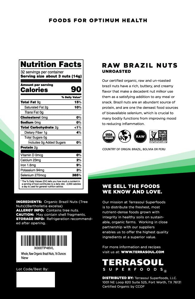 Terrasoul Superfoods Organic Brazil Nuts, 1 Lb - Raw | Unsalted | Rich In Selenium
