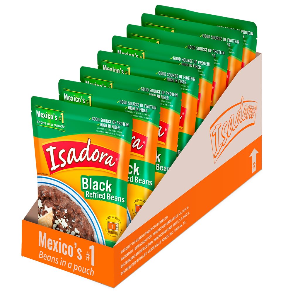 Isadora Black Refried Beans in Pouch (Pack of 8), Delicious Refried Pinto Beans, Microwave Food Premade Meals, Plant Based Prote