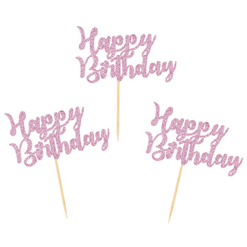Donoter 24 Pcs Pink Glitter Happy Birthday Cupcake Toppers Cake Picks For Birthday Party Decoration Supplies