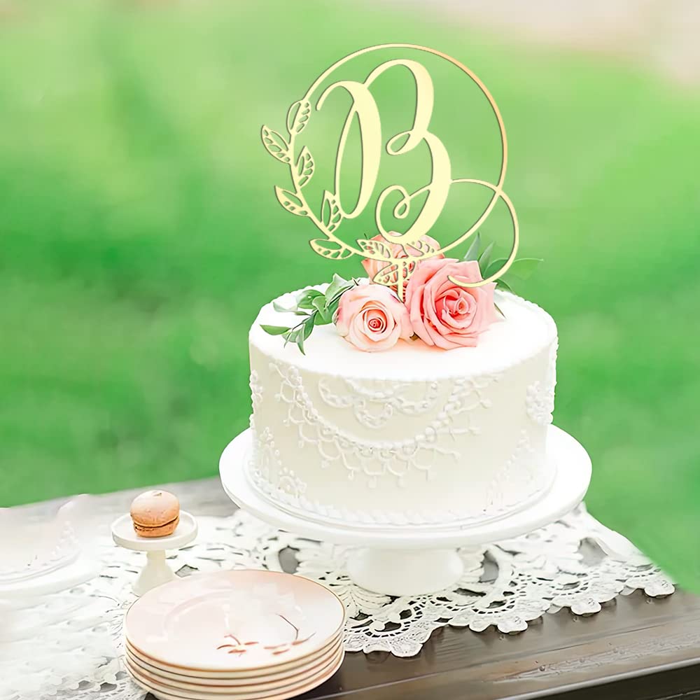 Kiskistonite Initials B Cake Topper, Monogram Cake Topper B, Rustic Wedding Cake Topper, Wreath Letter B Cake Topper, Mirror Gol