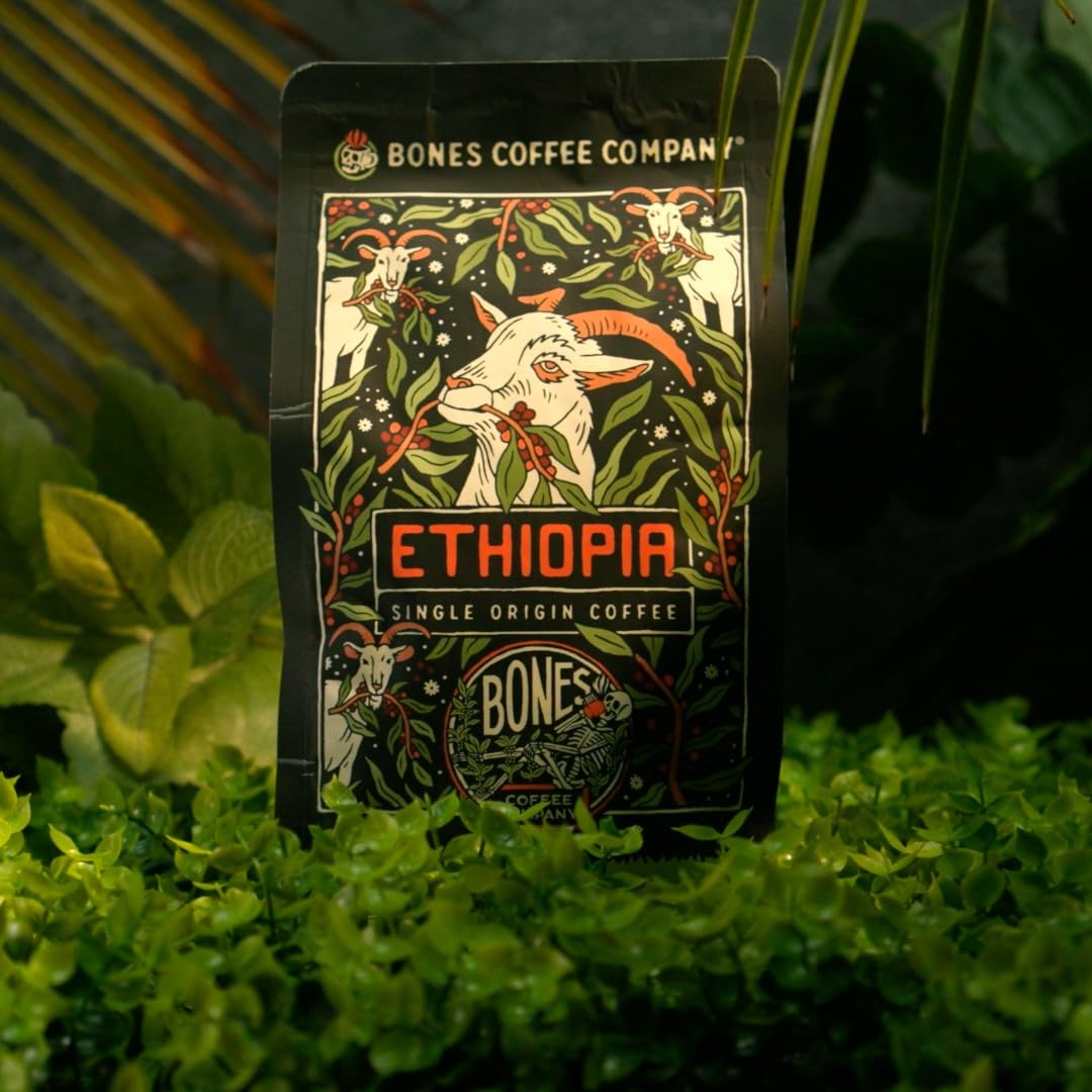 Bones Coffee Company Ethiopia Single-Origin Ground Coffee Beans, Low Acid Coffee, Made With Arabica Coffee Beans, Coffee Lover Gift Ideas, Ground Coffee Light Roast (12 Oz)