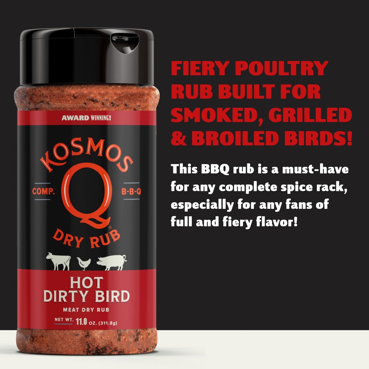 Kosmos Q BBQ Rub - Savory & Spicy Blend for Chicken, Pork, Steaks & Brisket - 11 oz Shaker Bottle