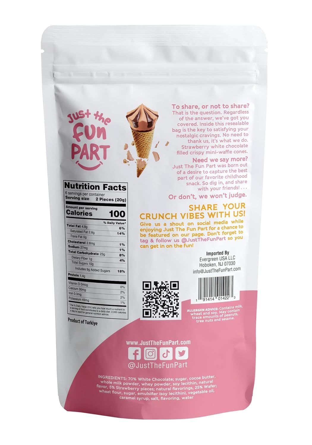 Just The Fun Part Waffle Cones, Mini Waffle Cones Filled with Strawberry White Chocolate, 4.23 Ounce Pack of 2