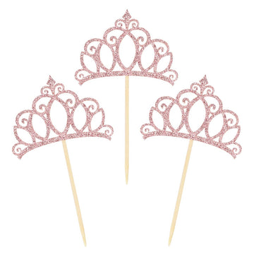 Donoter 24 Pieces Rose Gold Glitter Princess Crown Cupcake Toppers Cake Picks For Birthday Baby Shower Party Decorations