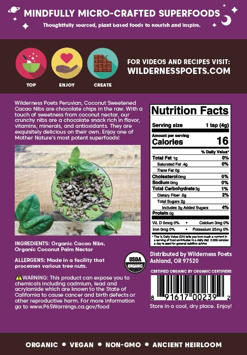 Wilderness Poets Cacao Nibs (Sweetened With Coconut Nectar) - Organic Raw Cacao Nibs - (8 Ounce - 227G)