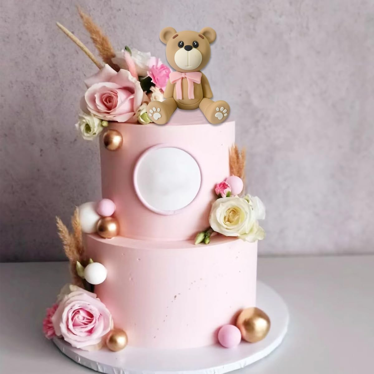 3D Bear Cake Toppers Bear Cake Decorations For Boy Girl Baby Shower Birthday Party Supplies (Pink)