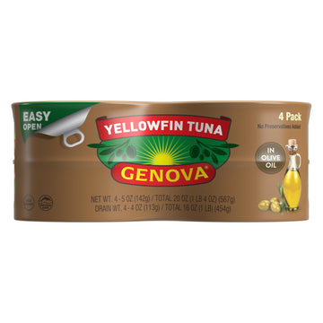 Genova Premium Yellowfin Tuna in Olive Oil, Solid Light, 4-Count, 5 Ounce Cans, Wild Caught