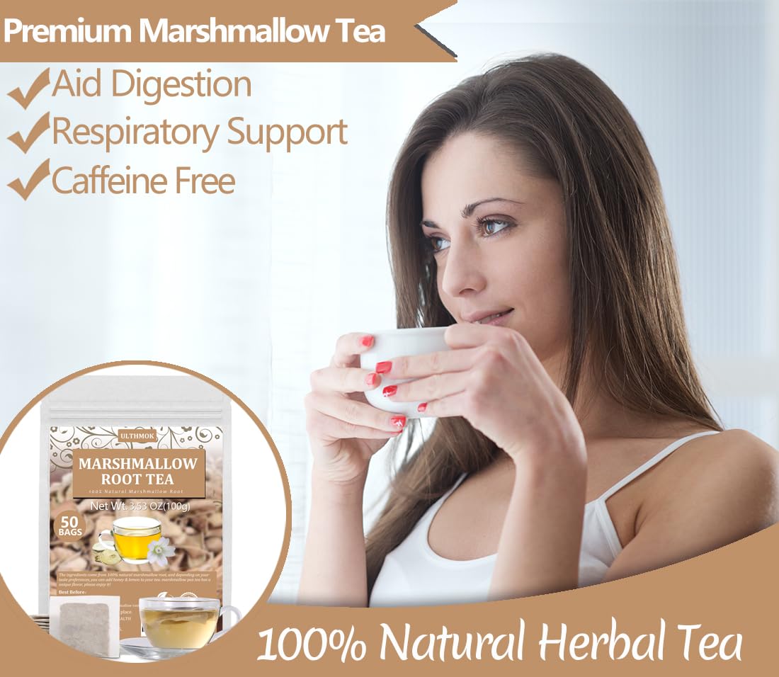 50 enhanced Marshmallow Root Tea Bag 100% Natural Pure Althaea Officinalis No Additives & Caffeine Free  Caffeine-free - Respiratory Support & Promote Digestion.