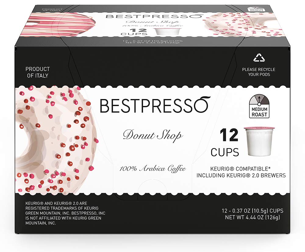 Bestpresso Coffee K-Cup Pods, Donut Shop Medium Roast, 96 Count, Compatible with 2.0 Keurig malt-inspired, 8 Packs of 12 Cups