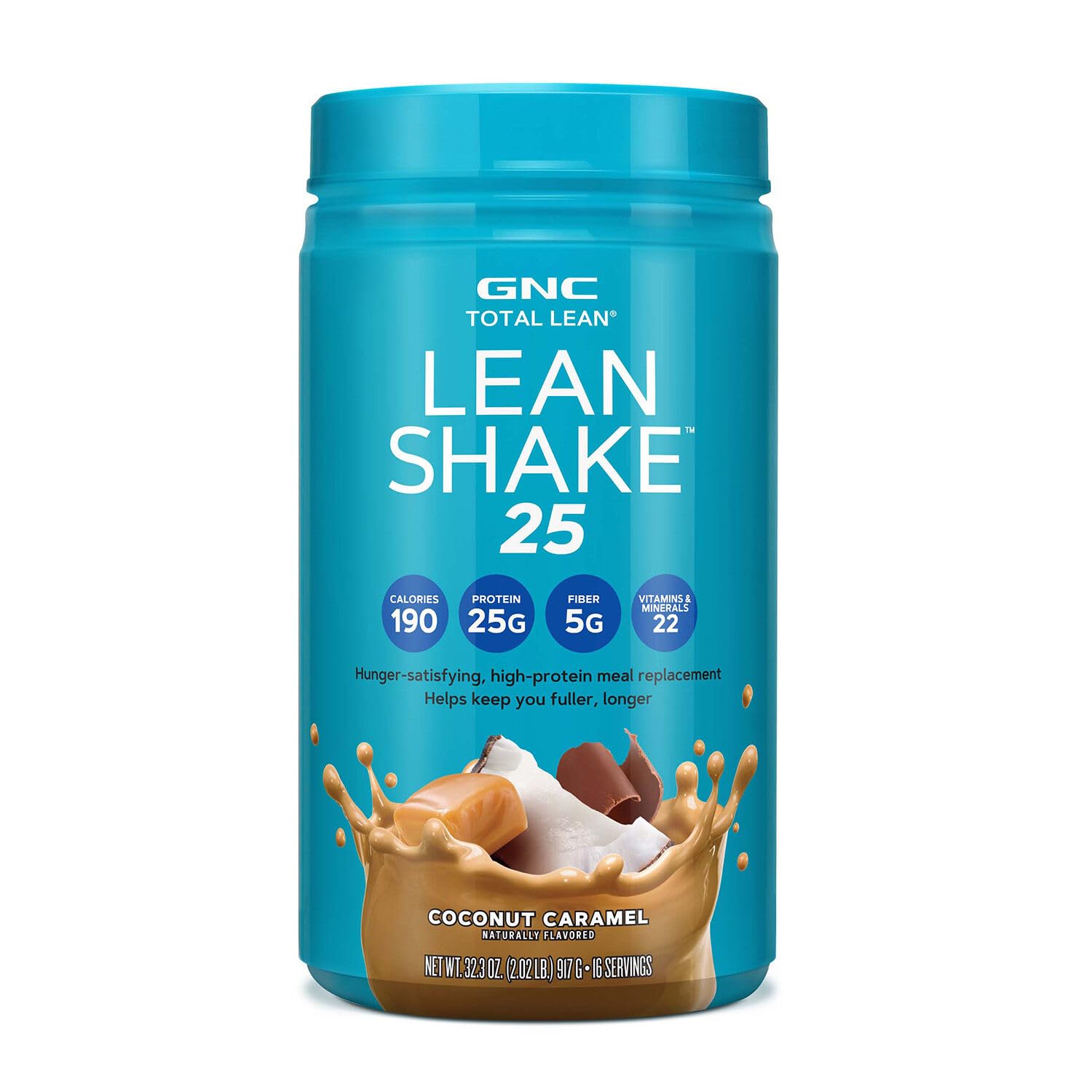 GNC Lean Shake 25 Meal Replacement Powder, Weight Management, With 25g Protein and High Fiber, Keto, Coconut Caramel, 16 Serving