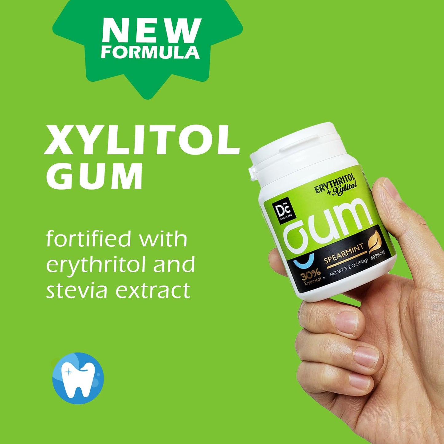 DC24 DAILY CARE Xylitol Chewing Gum, Sugar Free, Low-Calorie, Spearmint Flavor, 60 Count, Green
