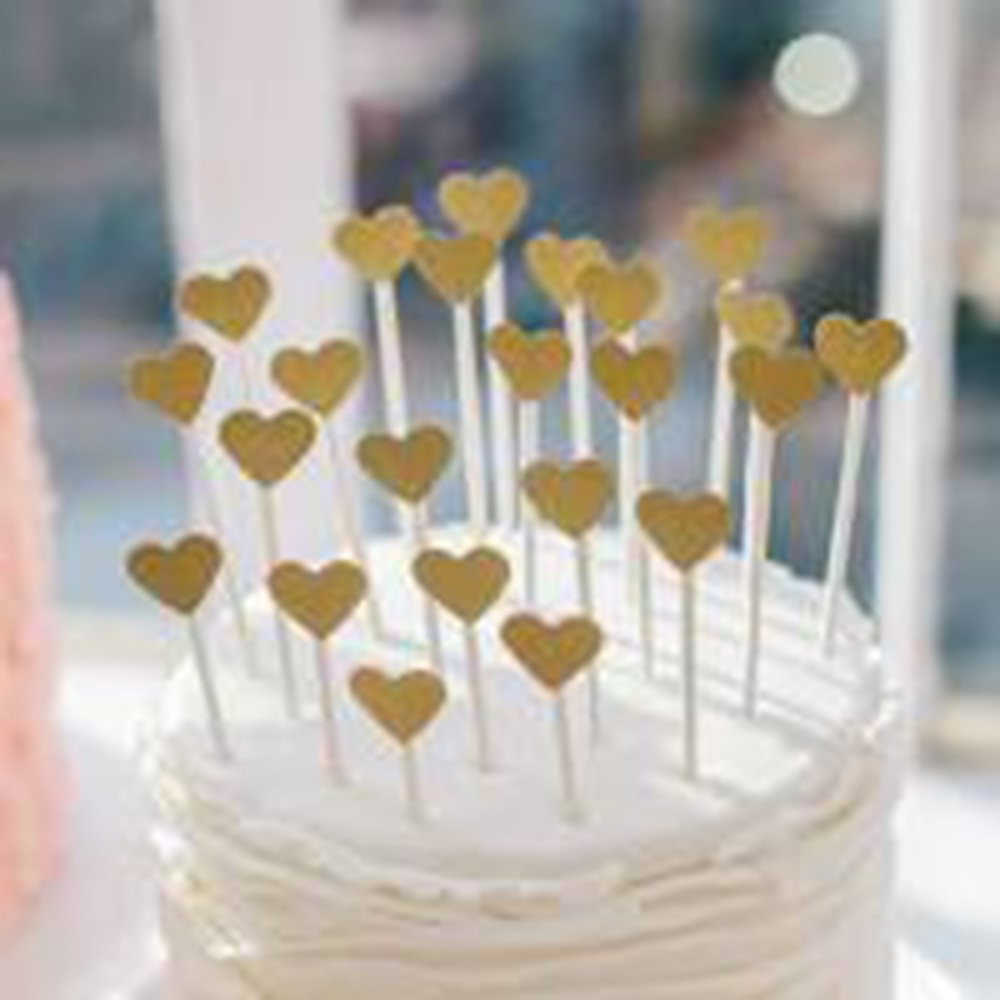 AimtoHome Glitter Heart Cupcake Toppers, Pack of 50, Gold Paper Decorations, Model CCT-003