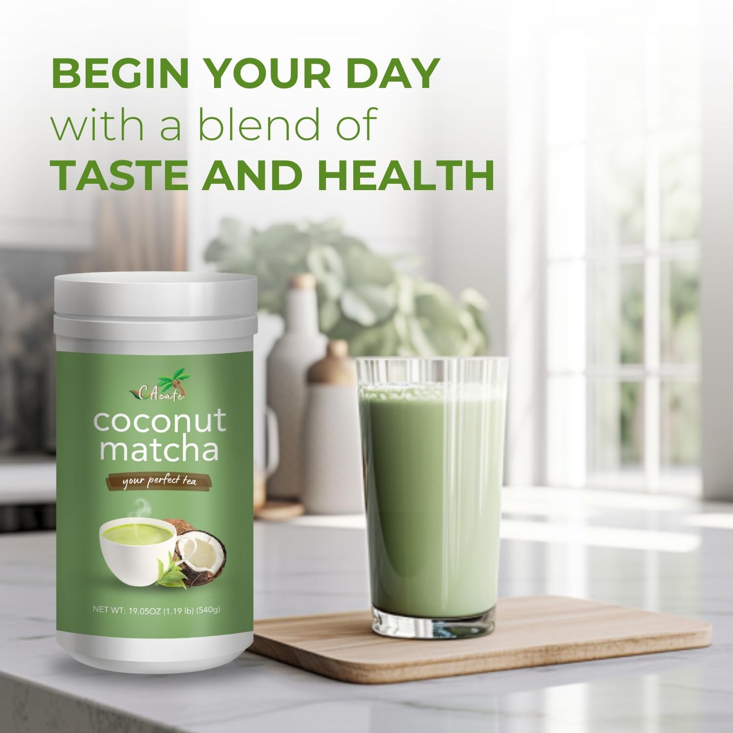 Cacafe Coconut Matcha - Creamy & Sweet Japanese Health Drink - Green Tea Latte Drinking Mix For Hot, Cold, Or Iced Beverages 19.