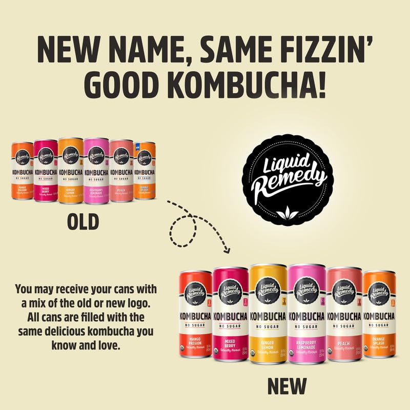 Liquid Remedy Kombucha Sugar Free Organic Drink, Low Calorie, Probiotic Like Tea For Gut Health - Super Sampler Variety Pack - 8