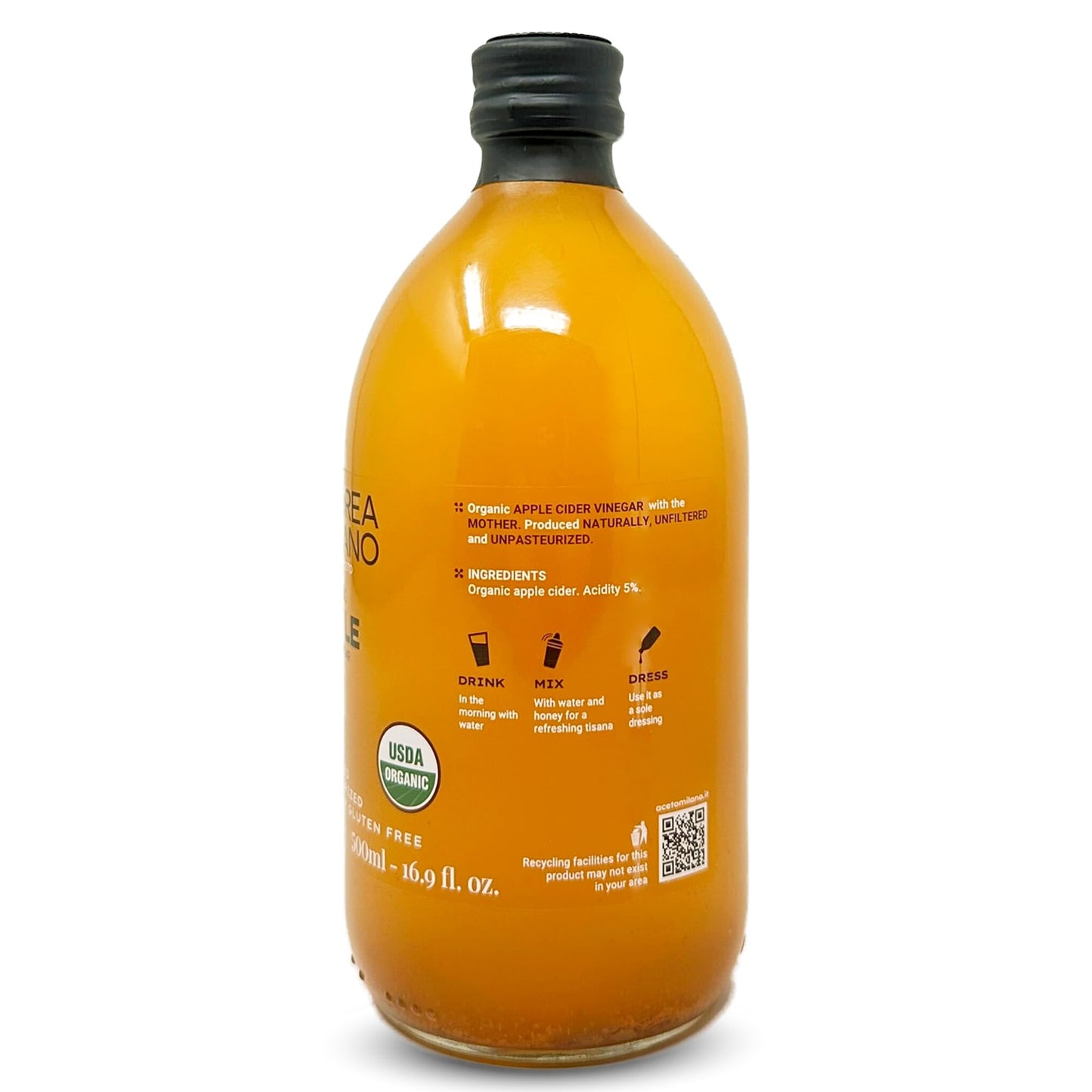 Andrea Milano Organic Apple Cider Vinegar, Raw, Unfiltered, Non-GMO, Vegan, 16.9 Fl Oz (Pack of 3)