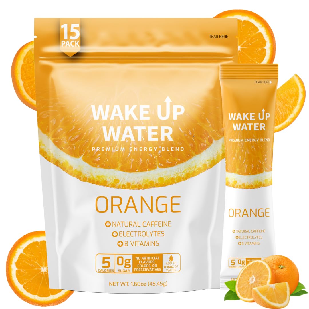 Wake Up Water Energy + Hydration Mix - Natural Caffeine, Electrolytes, B Vitamins - 15 Count Pack - Orange Flavor