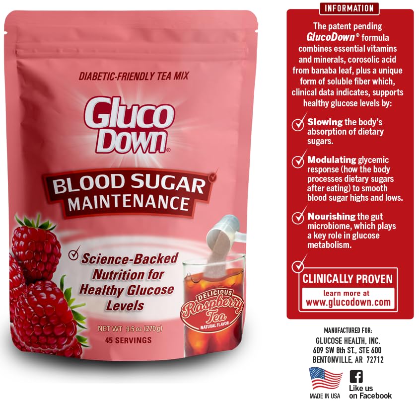 Glucodown, Delicious Raspberry Tea Mix, Protected Design Pending Dietary Fiber Formula For Maintenance Of Healthy Blood Sugar & Cholesterol, 45 Servings.