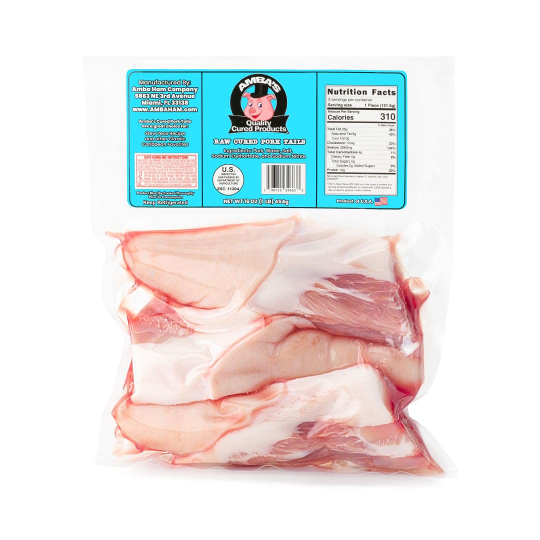 Raw Cured Pork Tails, Net Weight 16oz (1lb) Vacuum Pack Bag, Great For Jamaican Stew Peas With Pig Tails Recipe Along With Other