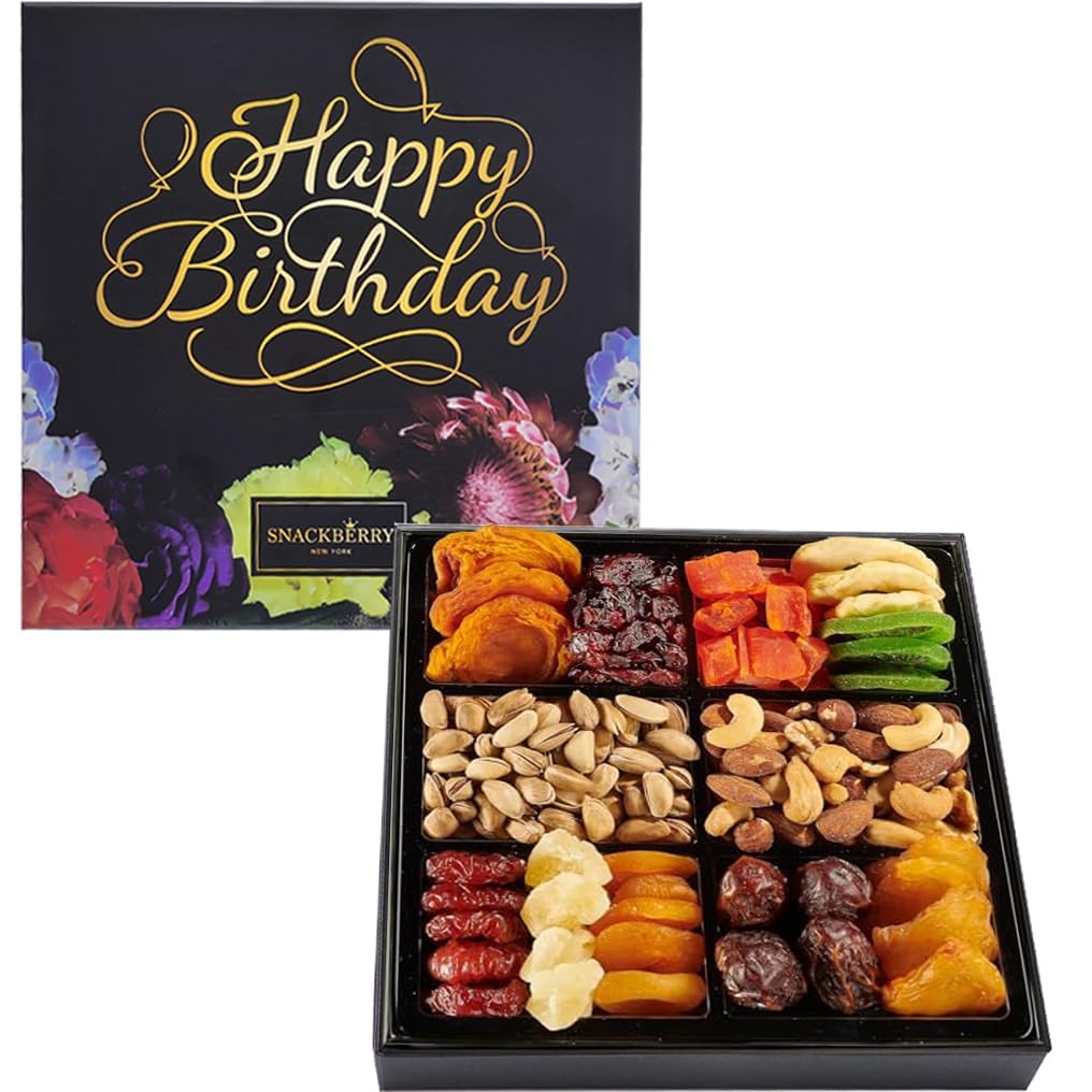 Happy Birthday Dried Fruit & Nuts Gift Basket Arrangement Platter, Gourmet Food Snack Box, Birthday Care Package, Healthy Kosher, Her Him (12 Assortment)