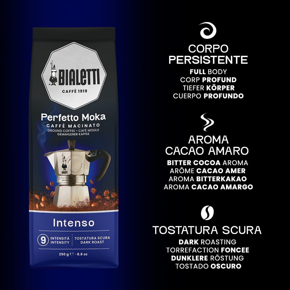 Bialetti Moka Café Moulu Intenso Dark Roast Coffee, 250g (8.82 oz), Plastic, Model 8006363031608