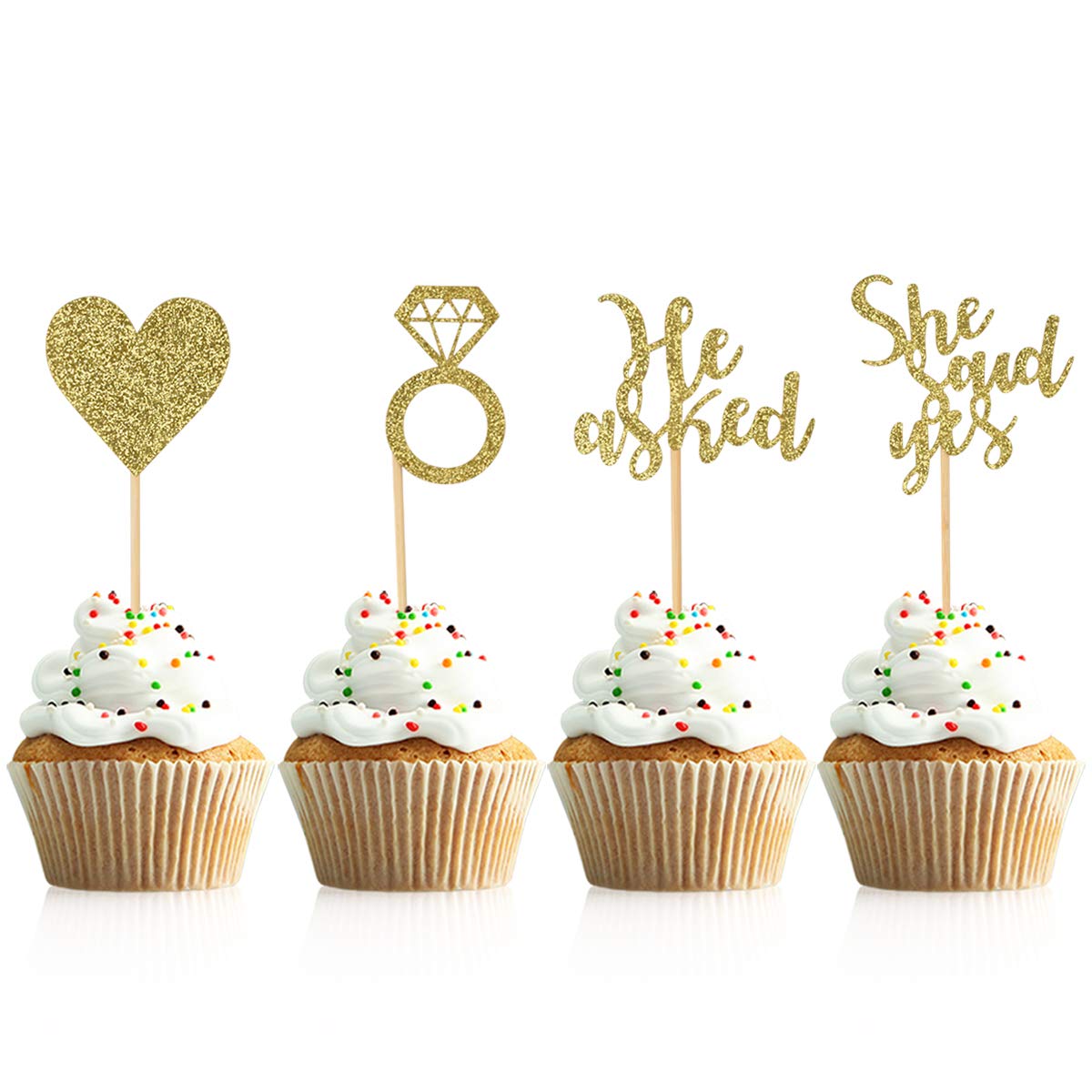 Donoter 48 Pcs Gold He Asked She Said Yes Cupcake Toppers Diamond Ring Heart Cake Picks For Wedding Engagement Party Cake Decora