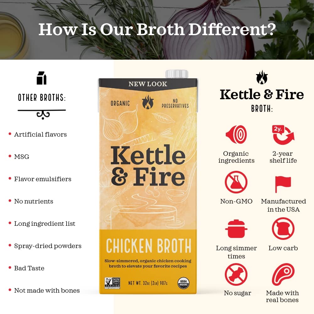 Kettle and Fire Organic Chicken Broth, Keto, Paleo, and Whole 30 Approved, Gluten Free, High in Protein and Collagen, 4 Pack (32
