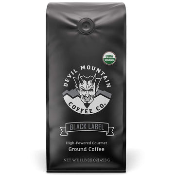 Devil Mountain Coffee Black Label Dark Roast Ground Coffee, USDA Organic, 16 oz Bag