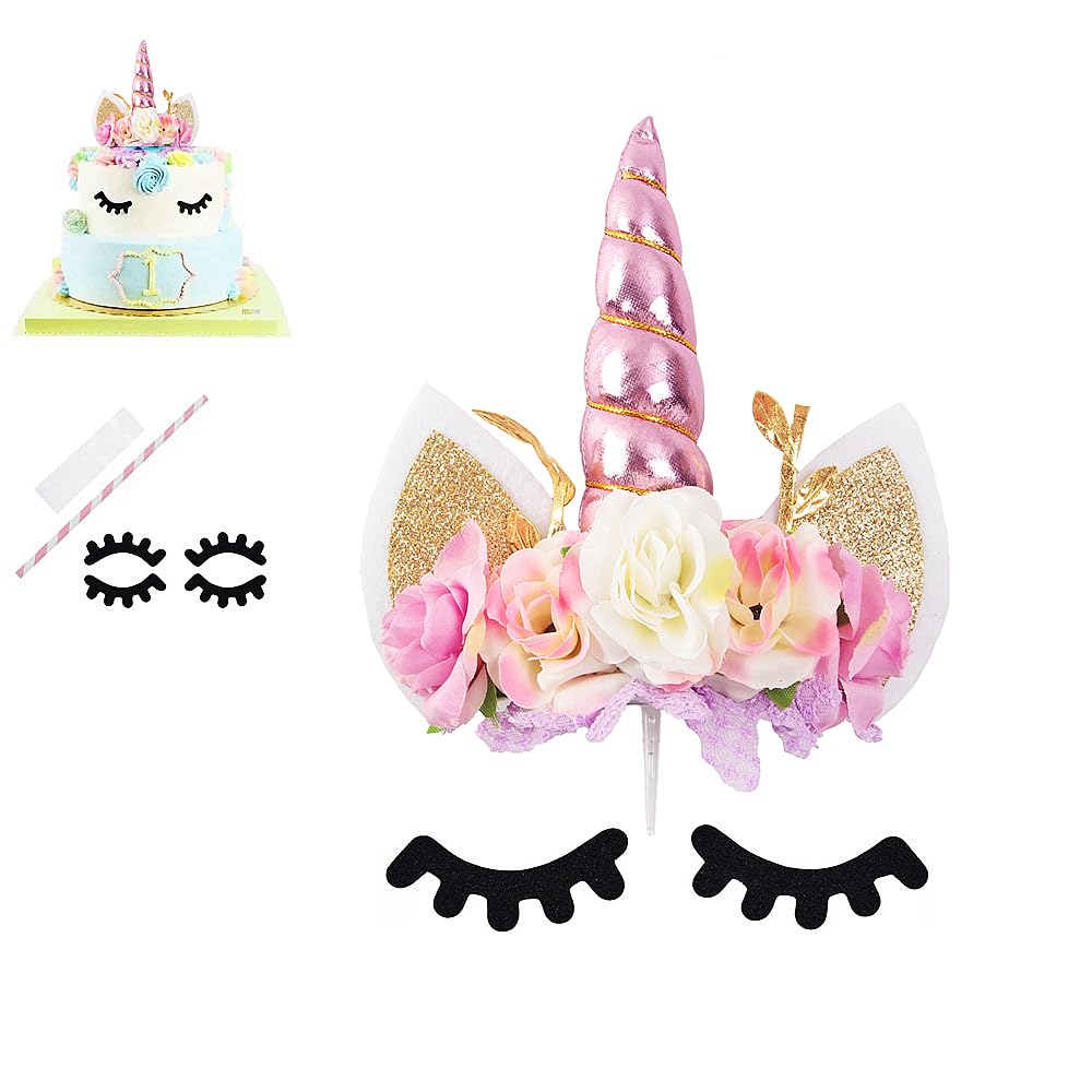 Nishine Rose Floral Unicorn Cake Topper - Birthday Party Decoration, 14cm x 14cm x 3cm, Pink & Ivory