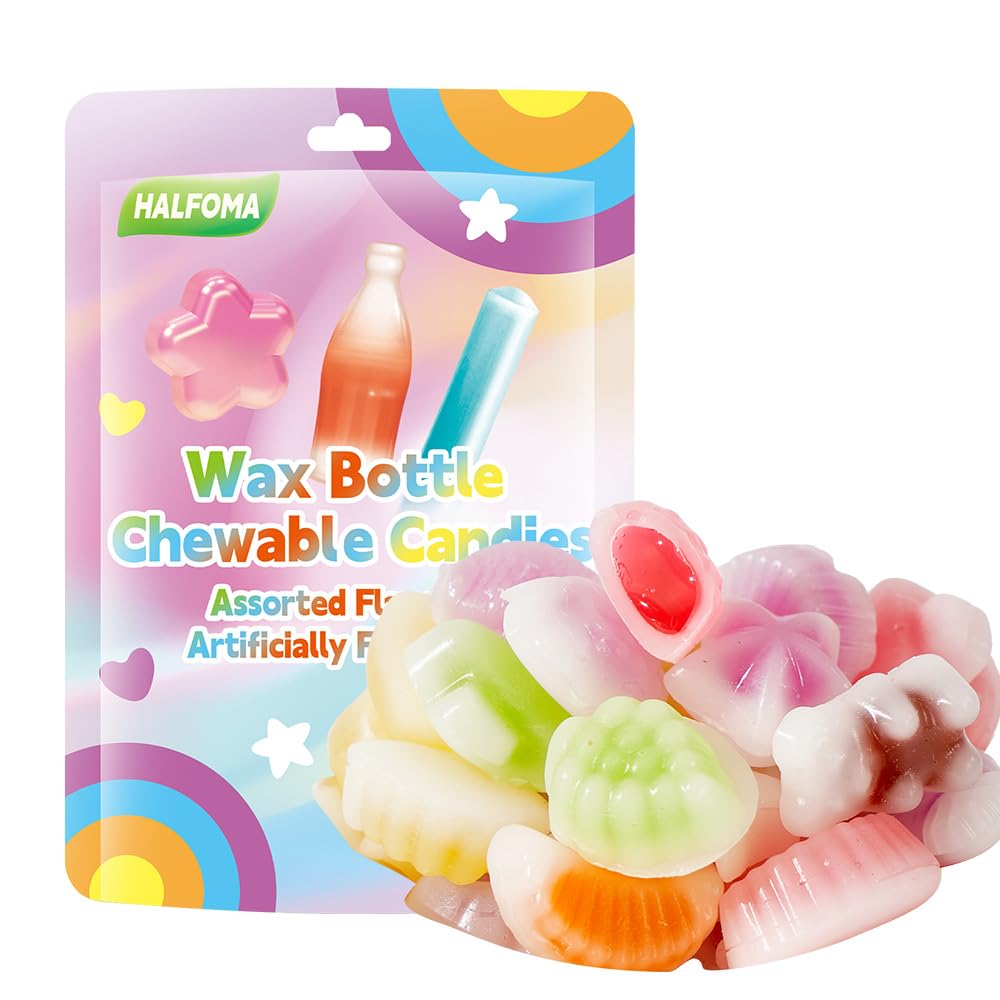 Halfoma Wax Bottle Candy with Syrup in the middle Assorted Fruit Flavors Various styles Suitable for Chewing to Relieve Stress  Playing Games  and Various Gatherings 32 Candies 60g