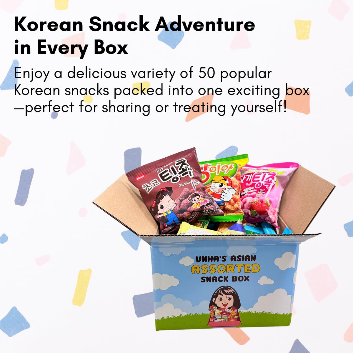 UNHAS Korean and Japanese Snack Box – 50 Count Variety Pack of Individually Wrapped Snacks, Candy, Chips, Cookies for All Ages