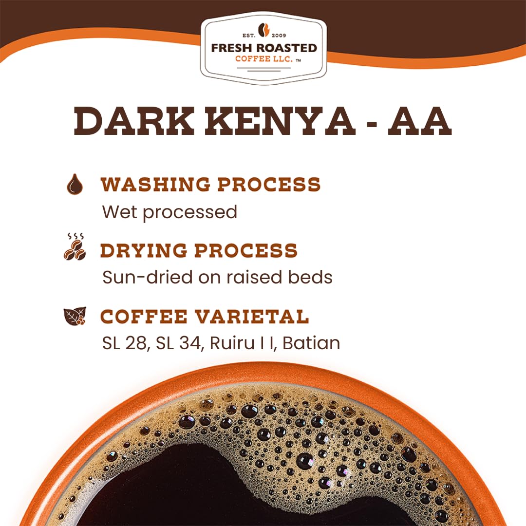 Fresh Roasted Coffee Dark Kenya AA Ground, Dark Roast, 2 lb (32 oz), Kosher