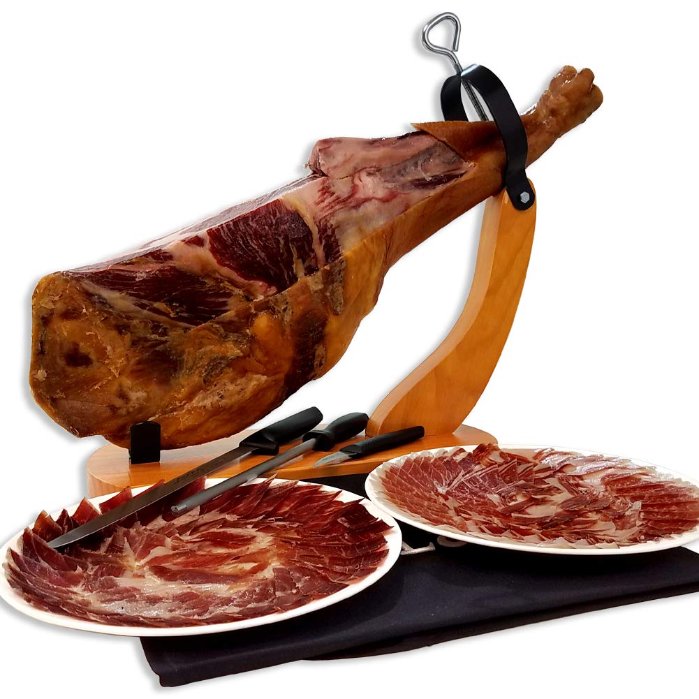 Blázquez Iberico Ham Shoulder 15 Months Cured, 50% Iberico Breed, 13 lbs, 5 Piece Set with Ham Holder & Carving cutting too