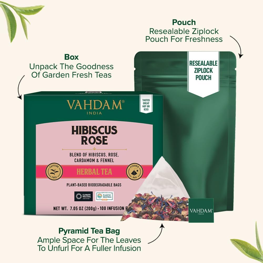 VAHDAM Hibiscus Flowers Herbal Tea Bags, Caffeine Free, Non GMO, Gluten Free, 100 Count, Resealable Ziplock Pouch