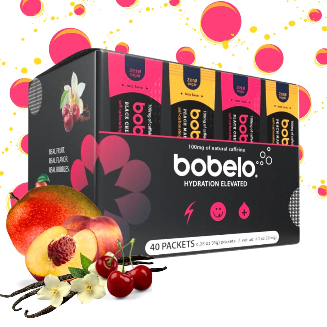 Bobelo Natural Energy Drink Powder, Sugar Free, 100mg Caffeine, Electrolyte Mix, 40 Count, Variety Pack