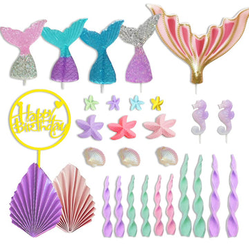 Mermaid Cake Topper Big Mermaid Tails Seaweed Starfishes Shells And Palm Leaves Cake Set For Mermaid Under The Sea Cake Decor